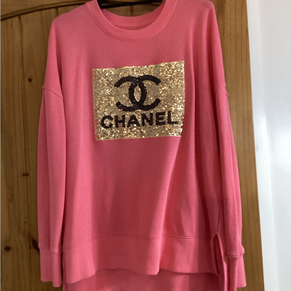 Time and Tru Pink Sequin Logo Sweatshirt with Gold Patch